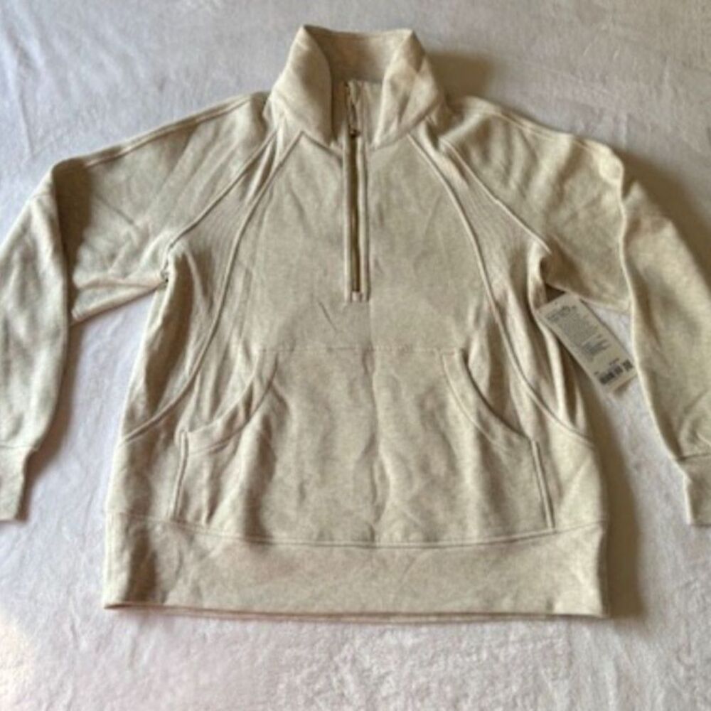 Lululemon M/L Heather Cream Scuba Oversized Funnel-Neck Half Zip Gold Tone NWT - Picture 3 of 12